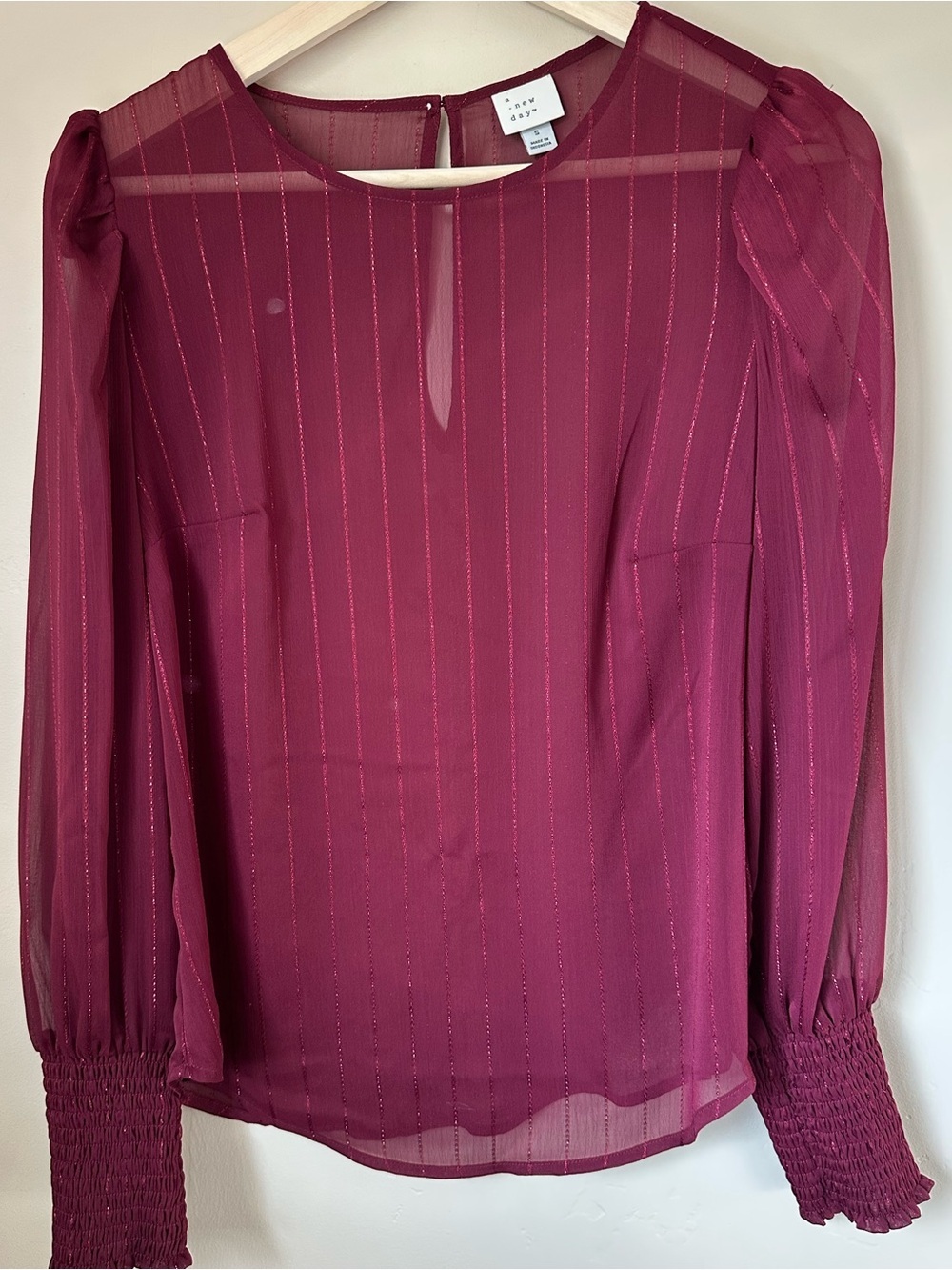 A New Day Women’s Small Burgundy Sheer Metallic Stripe Puff Sleeve Blouse